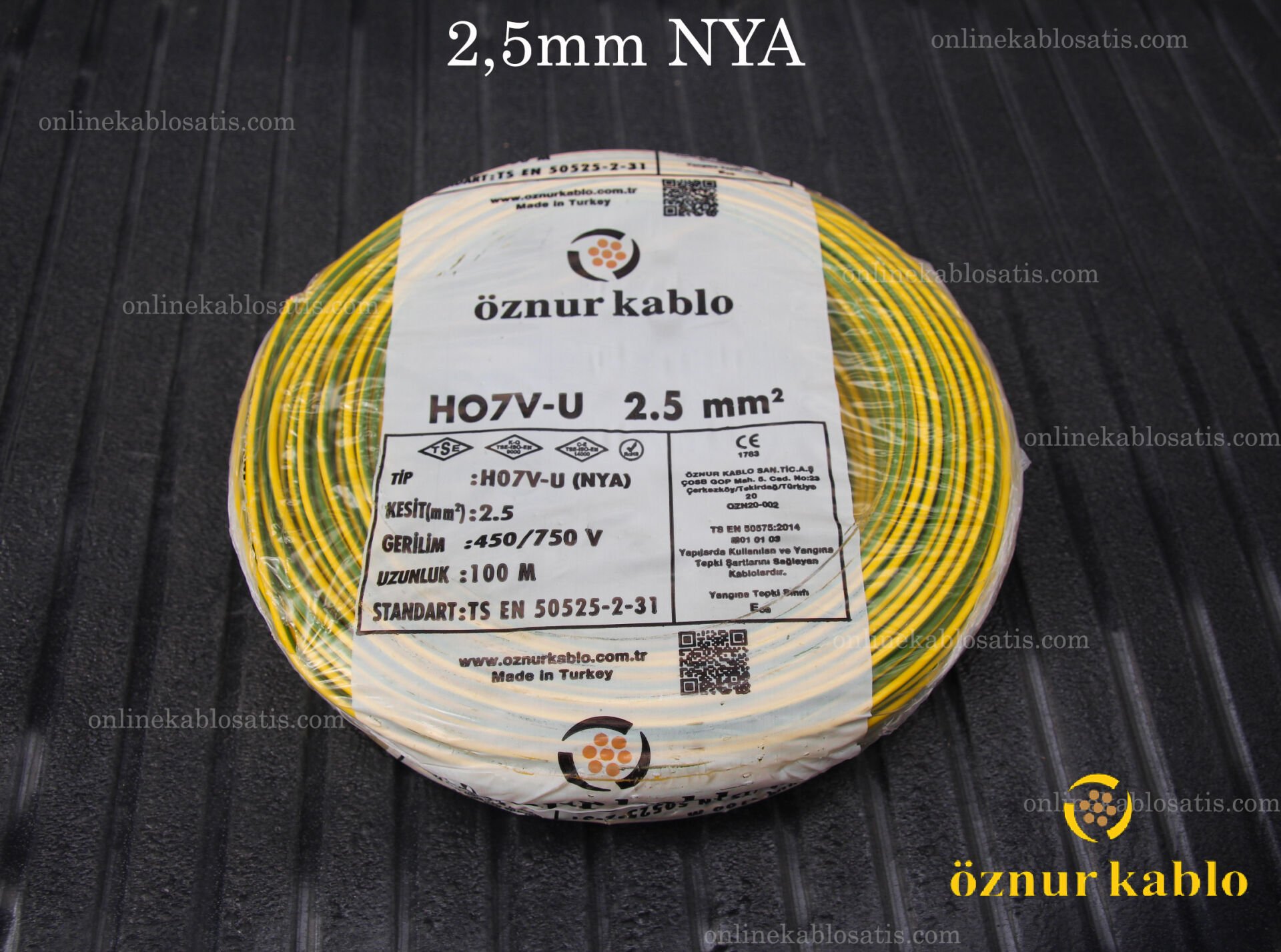 ÖZNUR 2,5mm NYA KABLO SARI YEŞİL H07V-U PVC 100MT KANGAL