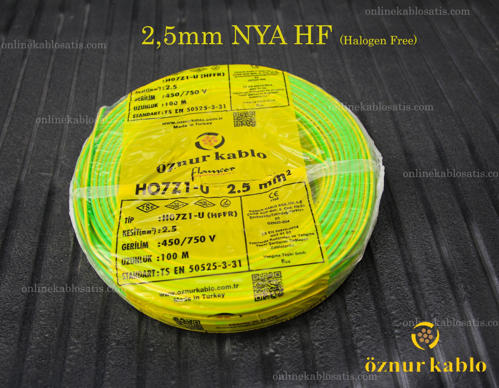 ÖZNUR 2,5mm HF NYA KABLO SARI YEŞİL H07Z1-U 100MT PAKET