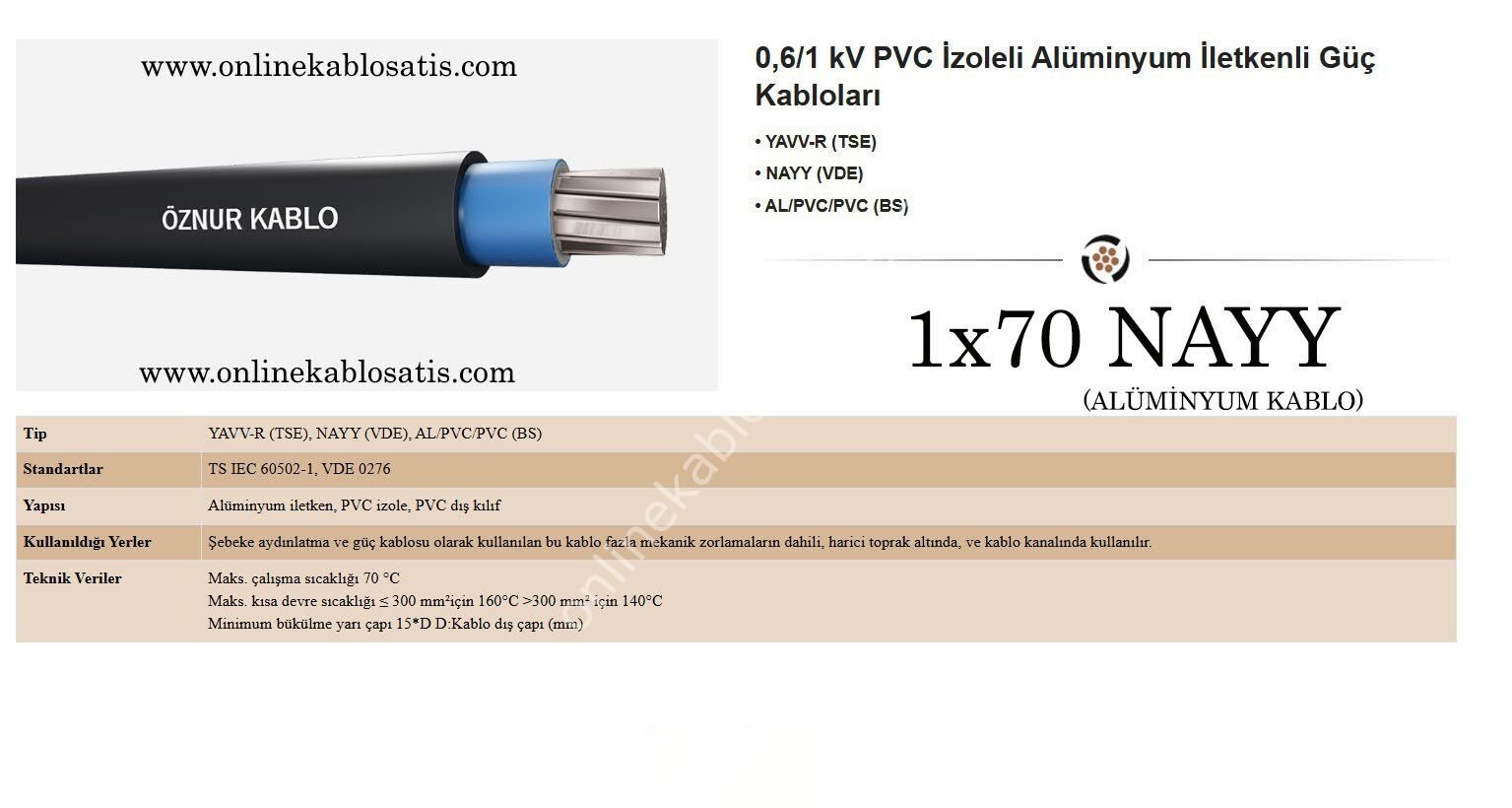 1x70 NAYY Kablo (YAVV) Alüminyum